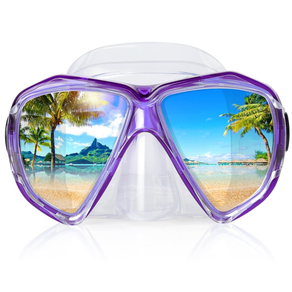 Snorkel Diving Mask Panoramic HD Swim Mask, Anti-Fog Scuba Diving Goggles,Tempered Glass Dive Mask Adult Youth Swim Goggles with Nose Cover for Diving, Snorkeling, Swimming (Clear Purple)