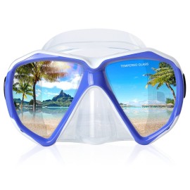 Snorkel Diving Mask Panoramic HD Swim Mask, Anti-Fog Scuba Diving Goggles,Tempered Glass Dive Mask Adult Youth Swim Goggles with Nose Cover for Diving, Snorkeling, Swimming (Royal Blue)