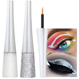 evpct 2Pcs Pearl White Silver Color Liquid Glitter Eyeliner Liners Sets for Women Liquid Sparkly Glitter Eyeliner delineador con glitter de colores para ojos colores 09+10
