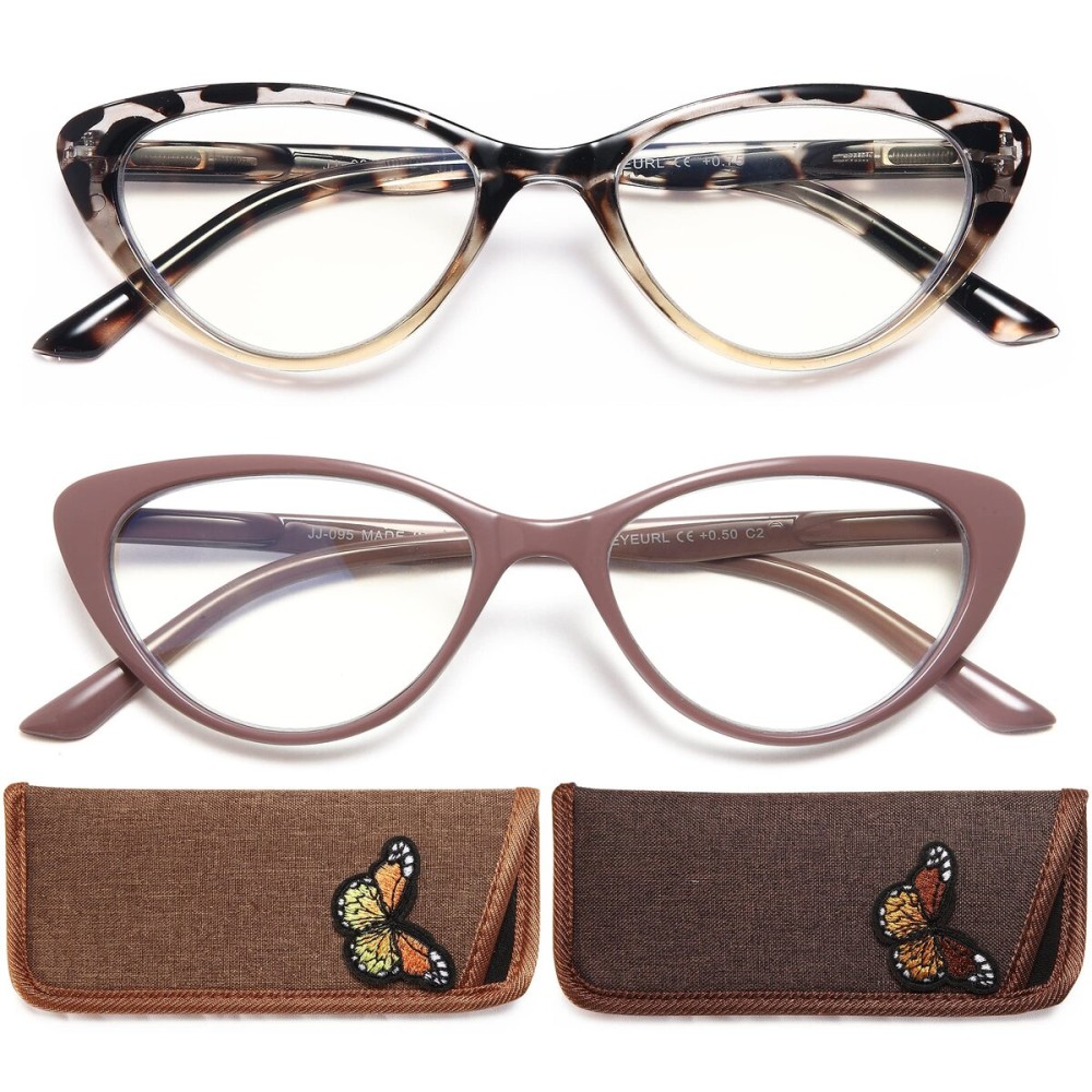 EYEURL Cat Eye Reading Glasses for Women 2 Pair Blue Light Blocking Readers 1.75 Comfort Spring Hinge Lightweight Eyeglasses Anti Glare for Ladies