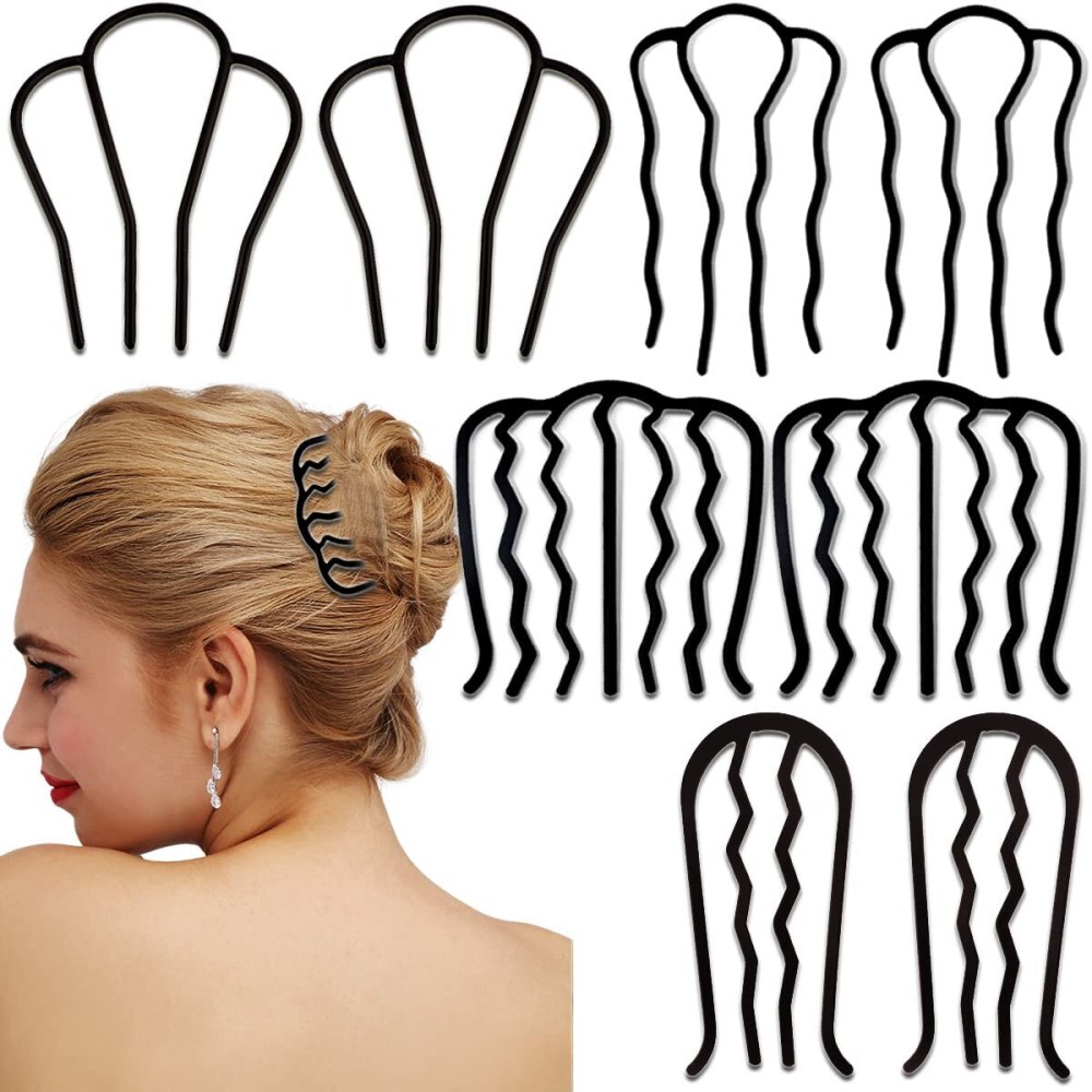 8 Piece Hair Side Combs Metal Hair Fork Clip with Teeth Hair Pin Stick for Updo Bun, U Shape Hair Combs Hair Tool for Vintage Hairstyle Hair Accessories, Black (4 Size)