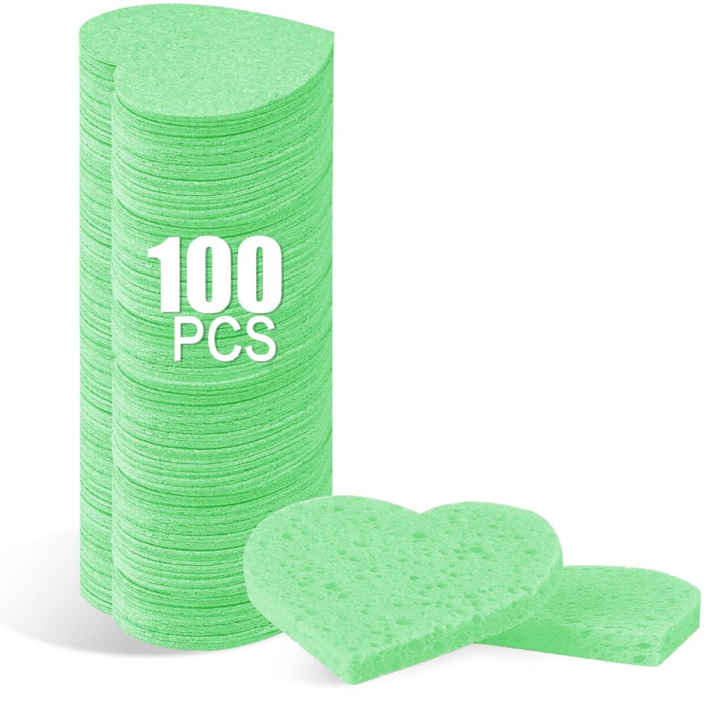 100-Count Compressed Facial Sponges for Estheticians Heart Shape Natural Cellulose Sponge Professional Cosmetic Spa Sponges for Face Cleansing, Massage, Pore Exfoliating, Mask, Makeup Removal, Green