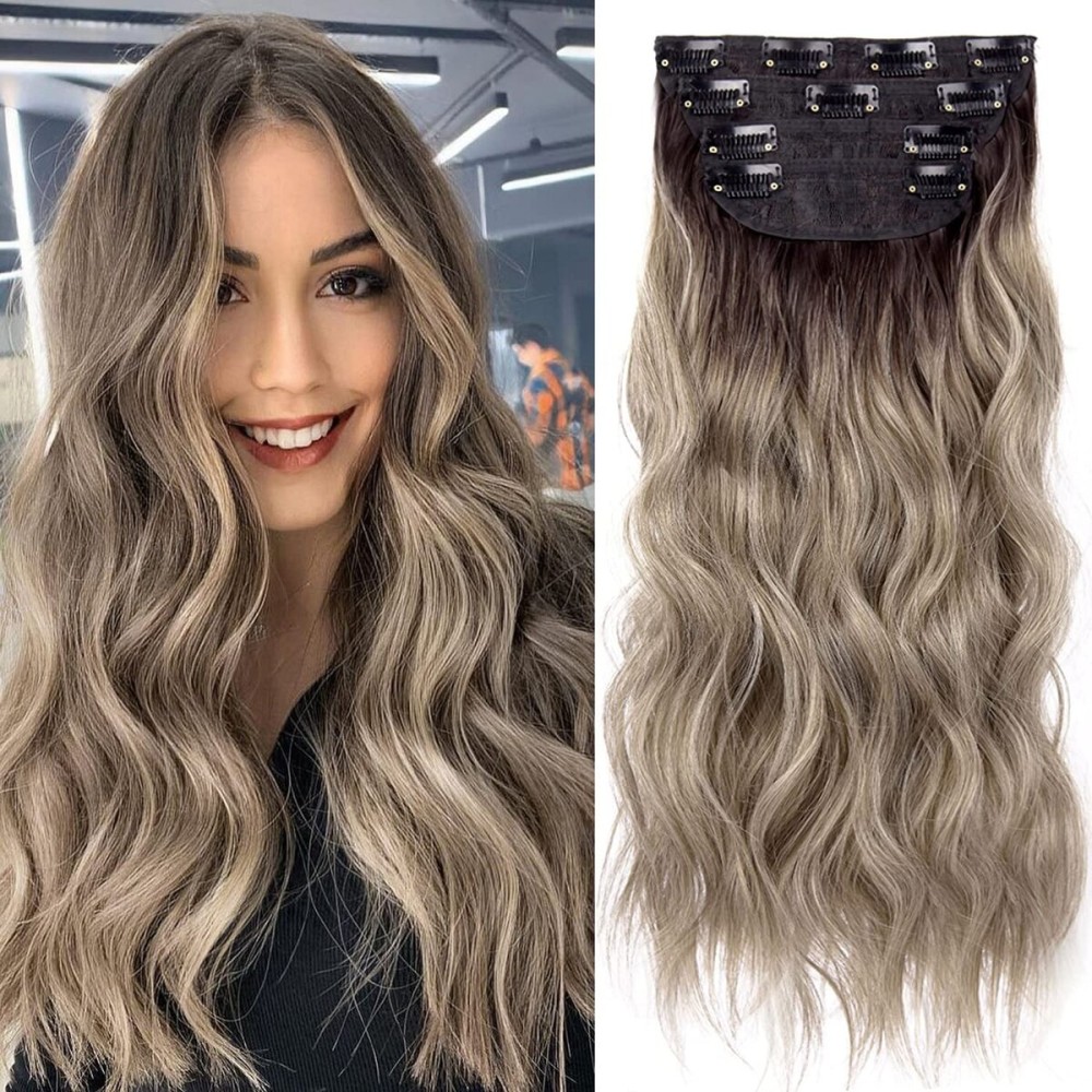 4PCS Clip in Hair Extensions 20 Inches Long Blonde Soft Wavy Clip in Synthetic Hair Extensions for Women (Ombre Chocolate Brown Mix Ash Blonde, R6/88)