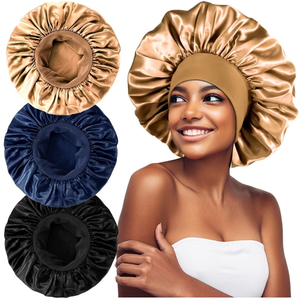 3PCS Extra Large Satin Bonnets for Sleeping, Hair Bonnets for Black Women Braids Curly Hair, F