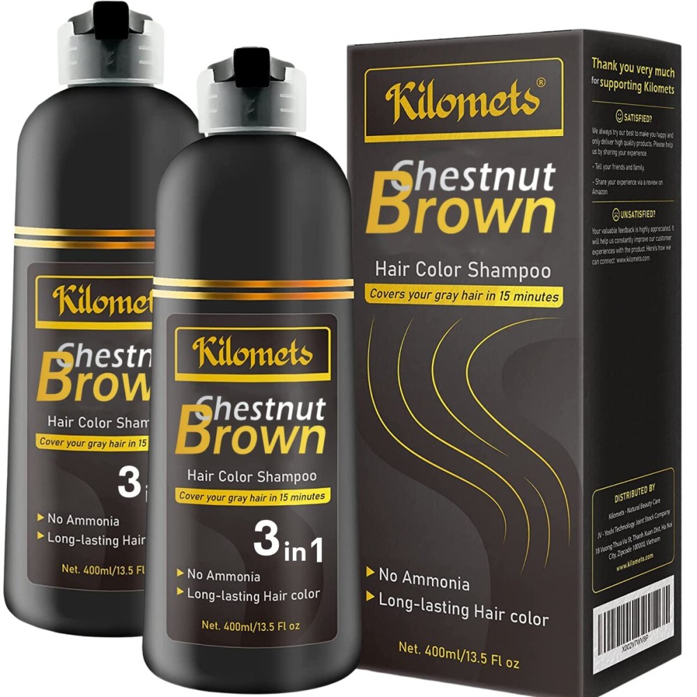 Kilomets Chestnut Hair Dye Shampoo 3 IN 1 - Hair Color Shampoo Grey Coverage in Minutes Ammonia Free Instant Coloring Gift for Mom Dad (Chestnut Pack 2)