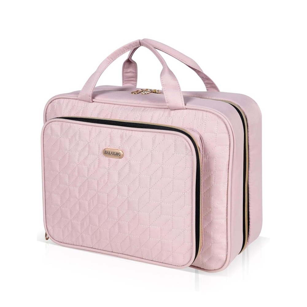 BALULHG Travel Hanging Toiletry Bag for Women, Water-Resistant Cosmetic Organizer with 4 Compartments & 360 Swivel Hook, TSA-Approved Makeup Bag for Shampoo, Full Sized Container, Toiletries (Pink)