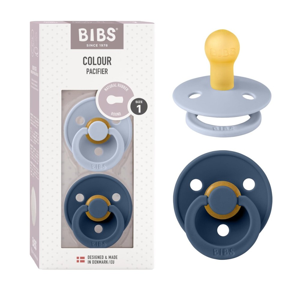 BIBS Pacifiers Colour Collection | Natural Rubber Baby Pacifier | Set of 2 BPA-Free Soothers | Made in Denmark | 0+ Months (Pack of 2) | Dusty Blue/Steel Blue