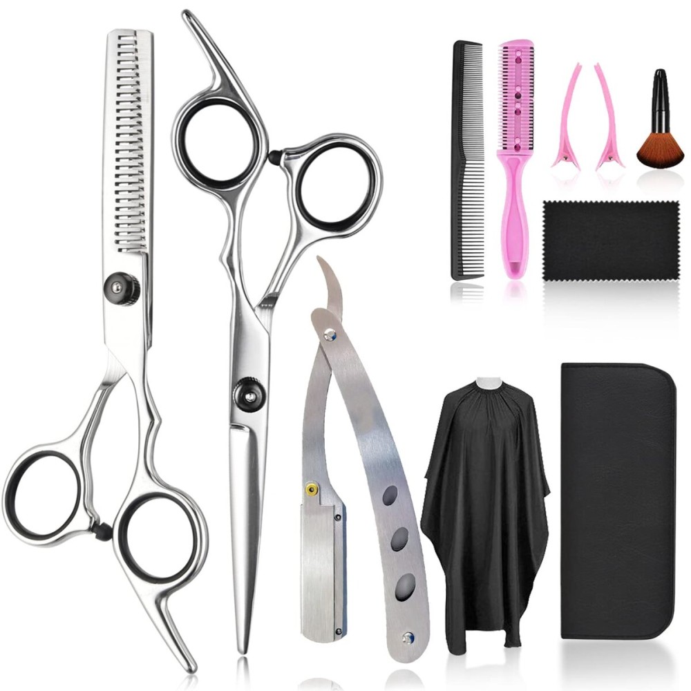 Fcysy Professional 11 Pcs Hair Cutting Tools - Baber Scissors, Blend Shears, Straight Edge Razor, Thinning Shears for Hair Cutting