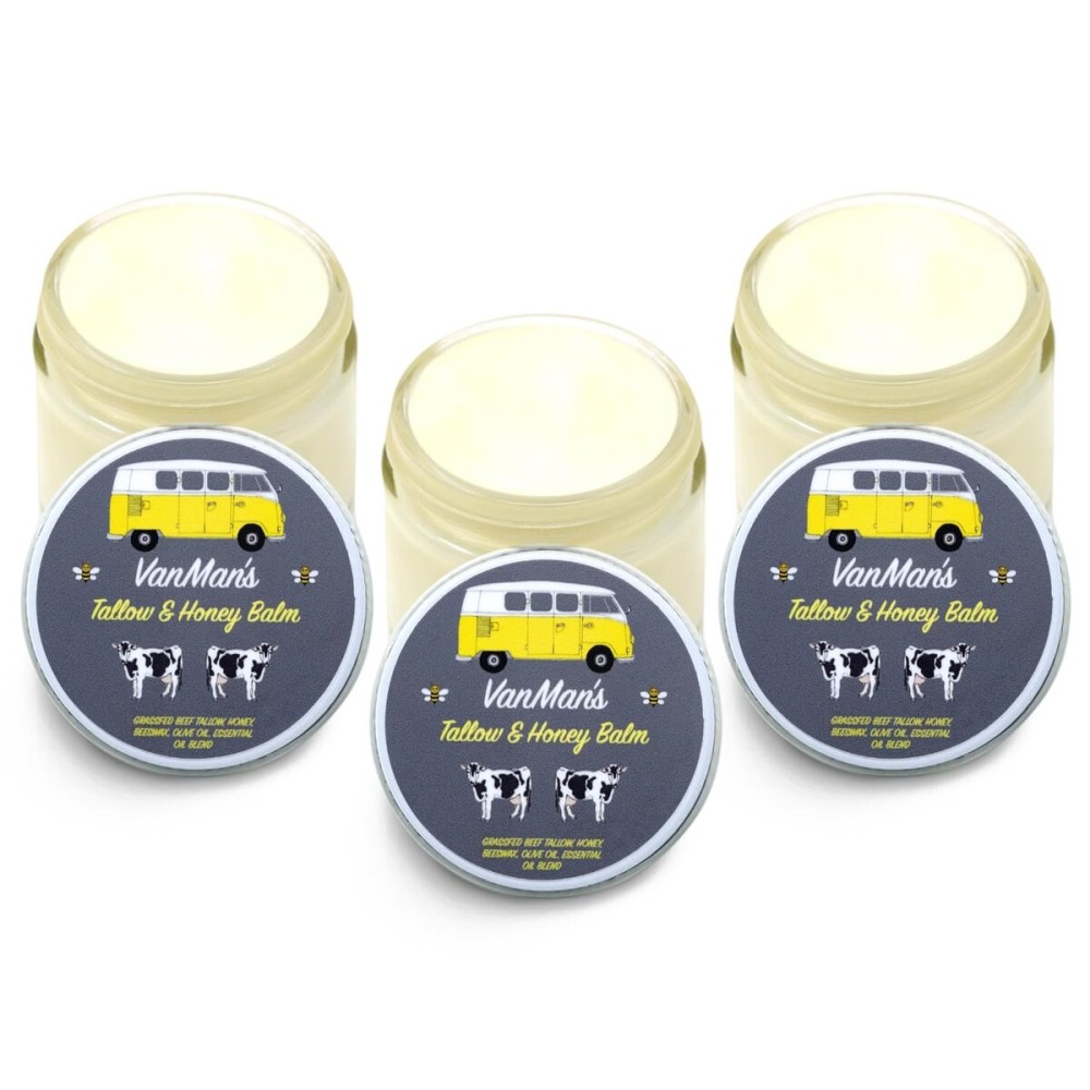 Vanman\'s Tallow and Honey Balm (3 Pack) - Tallow Face Moisturizer with Pure Grass-Fed/Finished Beef Tallow for Skin and Essential Oils, Organic Raw Honey and Beeswax, Cold Pressed Olive Oil - 2 oz