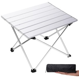 Grope Small Folding Camping Table with Aluminum Table Top, Beach Table for Sand with Carrying Bag,Prefect for Outdoor, Picnic, BBQ, Cooking, Festival (Silver-M)