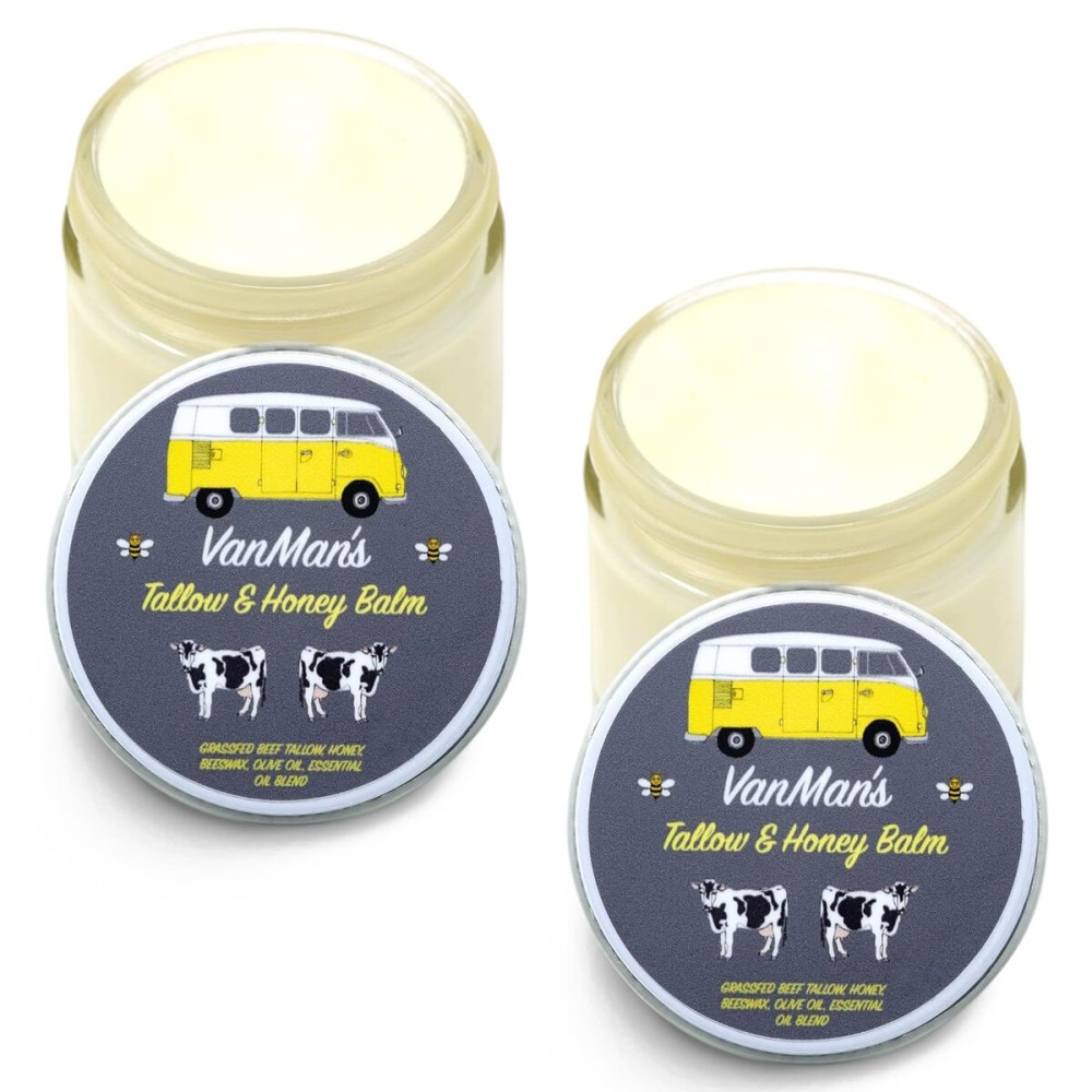 Vanman\'s Tallow and Honey Balm (2 Pack) - Tallow Face Moisturizer with Pure Grass-Fed/Finished Beef Tallow for Skin and Essential Oils, Organic Raw Honey and Beeswax, Cold Pressed Olive Oil - 2 oz