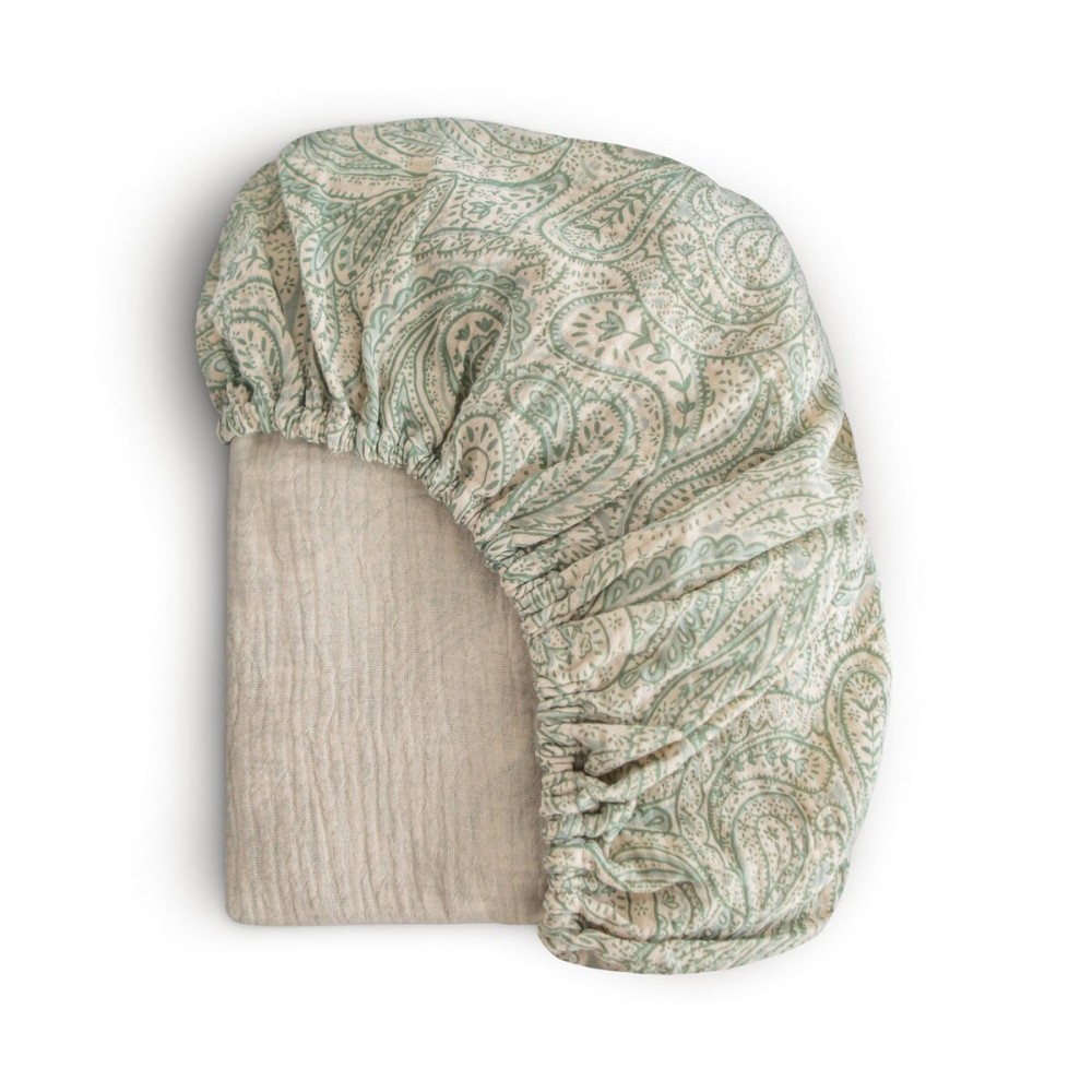 mushie Extra Soft Muslin Fitted Crib Sheet | 192 Thread Count | 28x 52 (Green Paisley)