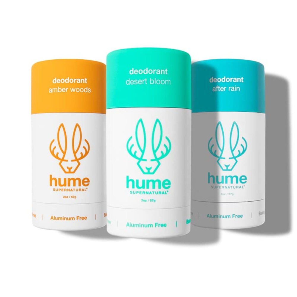 Hume Supernatural Aluminum Free Deodorant for Women & Men - Probiotic and Plant-Based, Long-Lasting Moisture Absorbing - Clean and Effective (Desert Bloom, Amber Woods & After Rain)