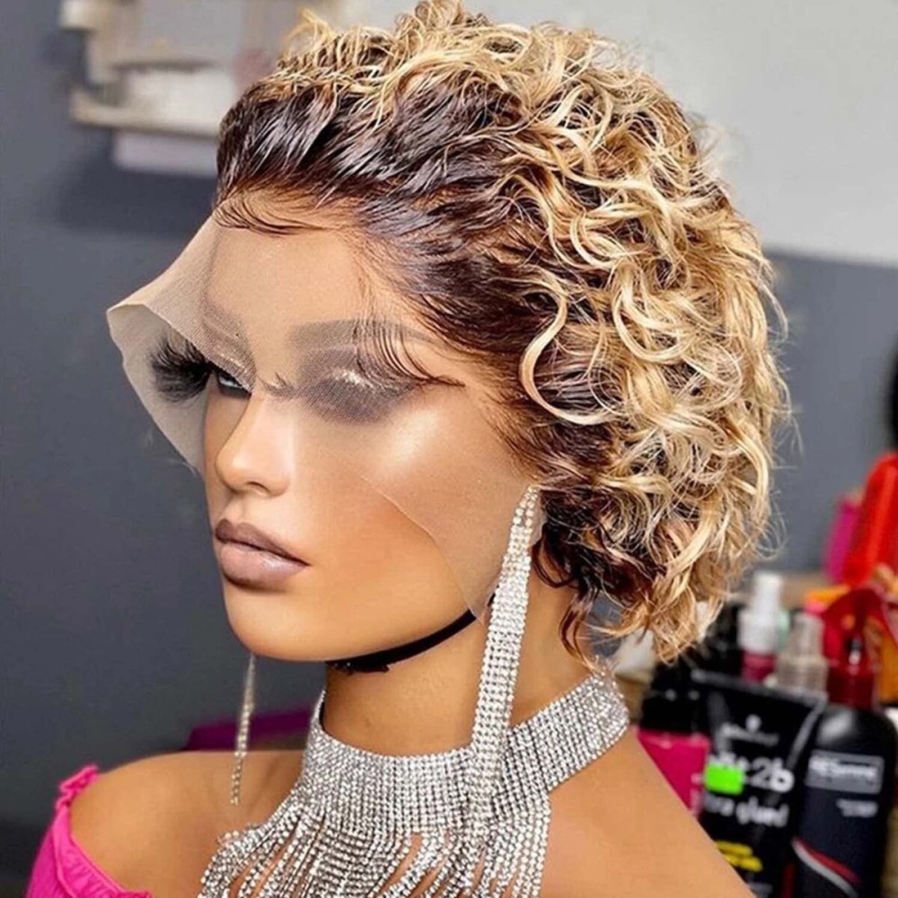 INSTASTYLE Ombre Blonde Pixie Cut Lace Front Wigs 6 inch Human Hair 13X1 Pixie Cut Short Curly Wigs HD Lace Front Wigs Plucked Pixie Curly Wigs for Black Women (6 Inch, 1B/27)