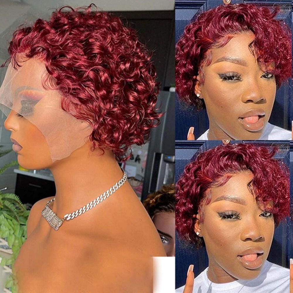 Red Short Curly Wigs Pixie Cut Lace Front Wig 6 inch Human Hair 13X1 Short Burgundy Human Hair Wigs HD Lace Front Wig Plucked Pixie Curly Wigs for Black Women (6 Inch, Red)