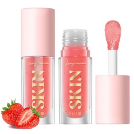 BANGFENG Big Brush Head Lip Glow Oil Plumping Tint, Tinted Lip Balm Transparent Lip Care, Moisturizing Non-sticky Fresh Shiny Texture Lip Oil - Strawberry (Pink)