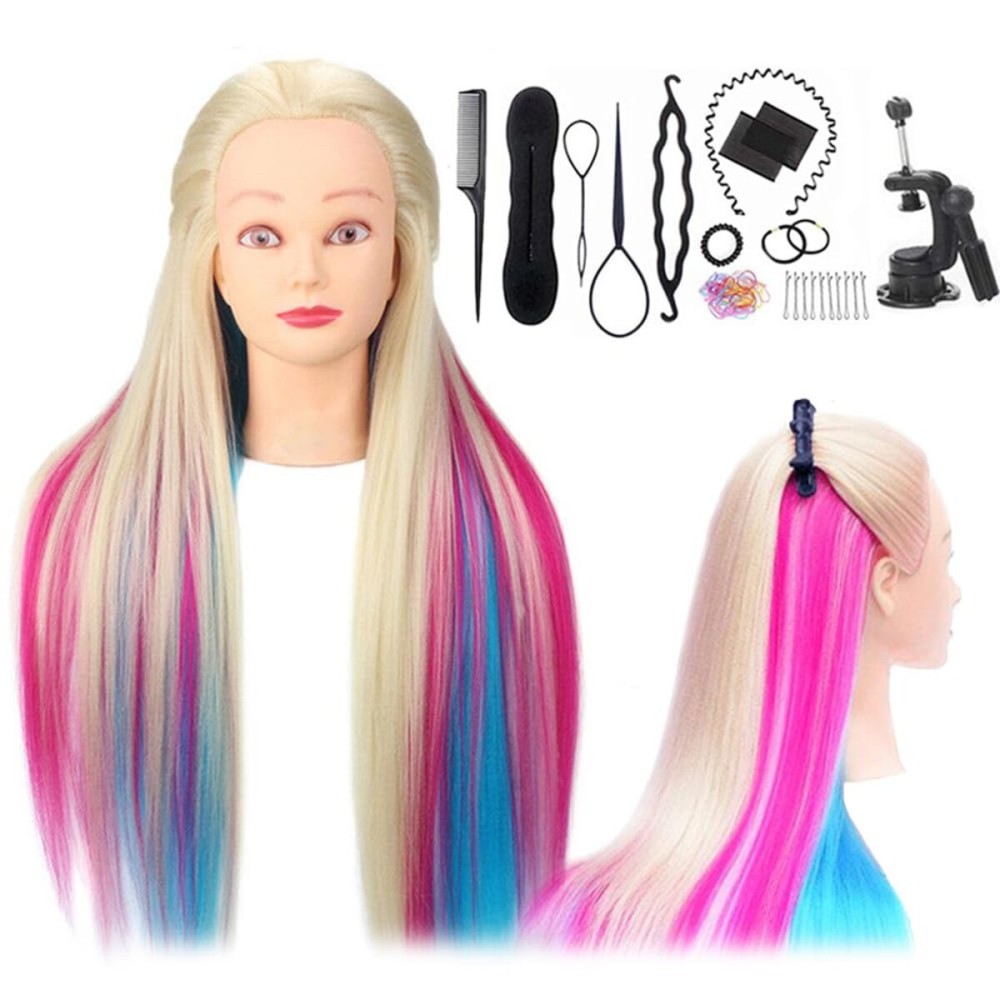 Mannequin Head, TopDirect 29\'\' Hair with Synthetic Manikin Head Practice Cosmetology Doll Styling Hairdressing Training Braiding Clamp Holder & Tools for Kids Girls, Blue & Pink