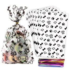 Coqofa 100 Pcs 6X10 Dog Paw Bone Cellophane Treat Bags - Clear Candy Cookie Bags with Twist Ties for Pet Treat Party Favor - Black
