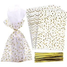 COQOFA 200 Pcs Star Printed 4X 9 Gift Wrap Cello Cellophane Treat Bags Party Favor bags Clear Candy Cookie Bags Plastic Poly Goodie Storage Bags with Twist Ties for Bakery,Birthday, Wedding ,Party Decorations (Gold)