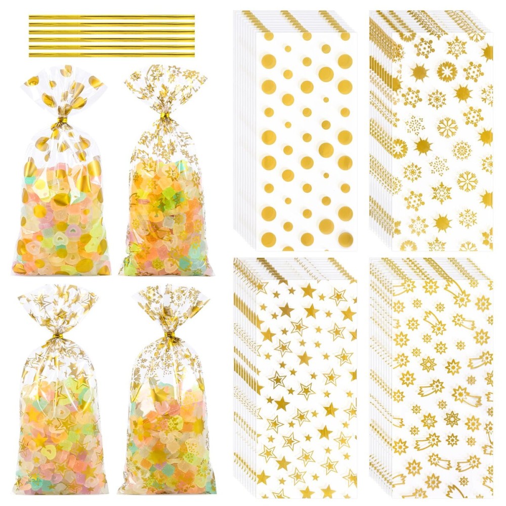 COQOFA 100 Pcs Mixed 5X11 Gift Wrap Cellophane Treat Bag Party Favor bags Clear Candy Cookie Bags Plastic Poly Goodie Storage Bag with Twist Ties for Baby Shower,Gender Reveal, Birthday, Wedding ,Party Decorations (GOLD 4 Patterns)