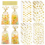 COQOFA 100 Pcs Mixed 5X11 Gift Wrap Cellophane Treat Bag Party Favor bags Clear Candy Cookie Bags Plastic Poly Goodie Storage Bag with Twist Ties for Baby Shower,Gender Reveal, Birthday, Wedding ,Party Decorations (GOLD 4 Patterns)
