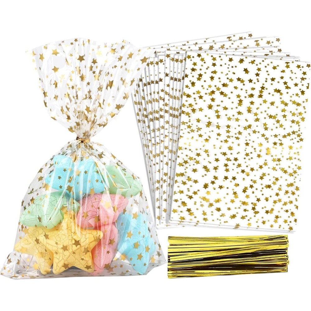 OQOFA 200 Pcs Star Printed 5X7 Gift Wrap Cello Cellophane Clear Candy Cookie Treat Bags Plastic Poly Goodie Storage Bags with Twist Ties for Bakery, Birthday, Wedding, Party