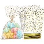 OQOFA 200 Pcs Star Printed 5X7 Gift Wrap Cello Cellophane Clear Candy Cookie Treat Bags Plastic Poly Goodie Storage Bags with Twist Ties for Bakery, Birthday, Wedding, Party