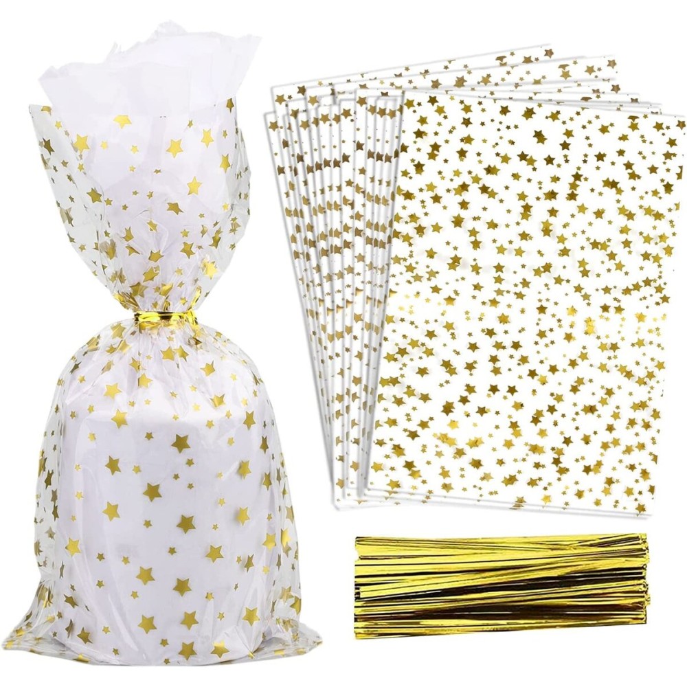 COQOFA 200 Pcs Star Printed 6X10 Gift Wrap Cello Cellophane Treat Bags Party Favor bags Clear Candy Cookie Bags Plastic Poly Goodie Storage Bags with Twist Ties for Bakery,Birthday, Wedding ,Party Decorations (Gold)