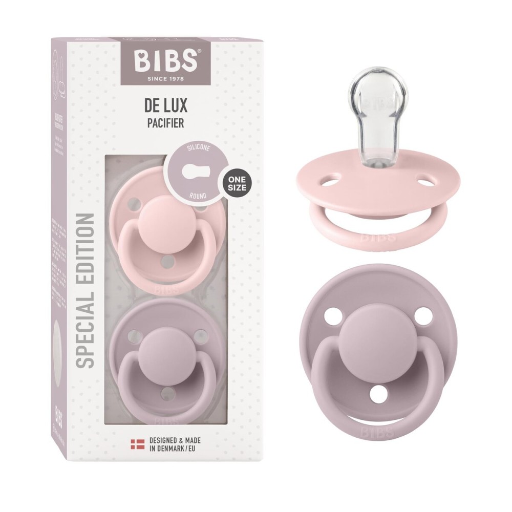 BIBS Pacifiers OneSize | 2-Pack Soothers | BPA-Free Symmetrical Nipple | Made in Denmark | Blossom/Dusky Lilac De Lux Pacifier