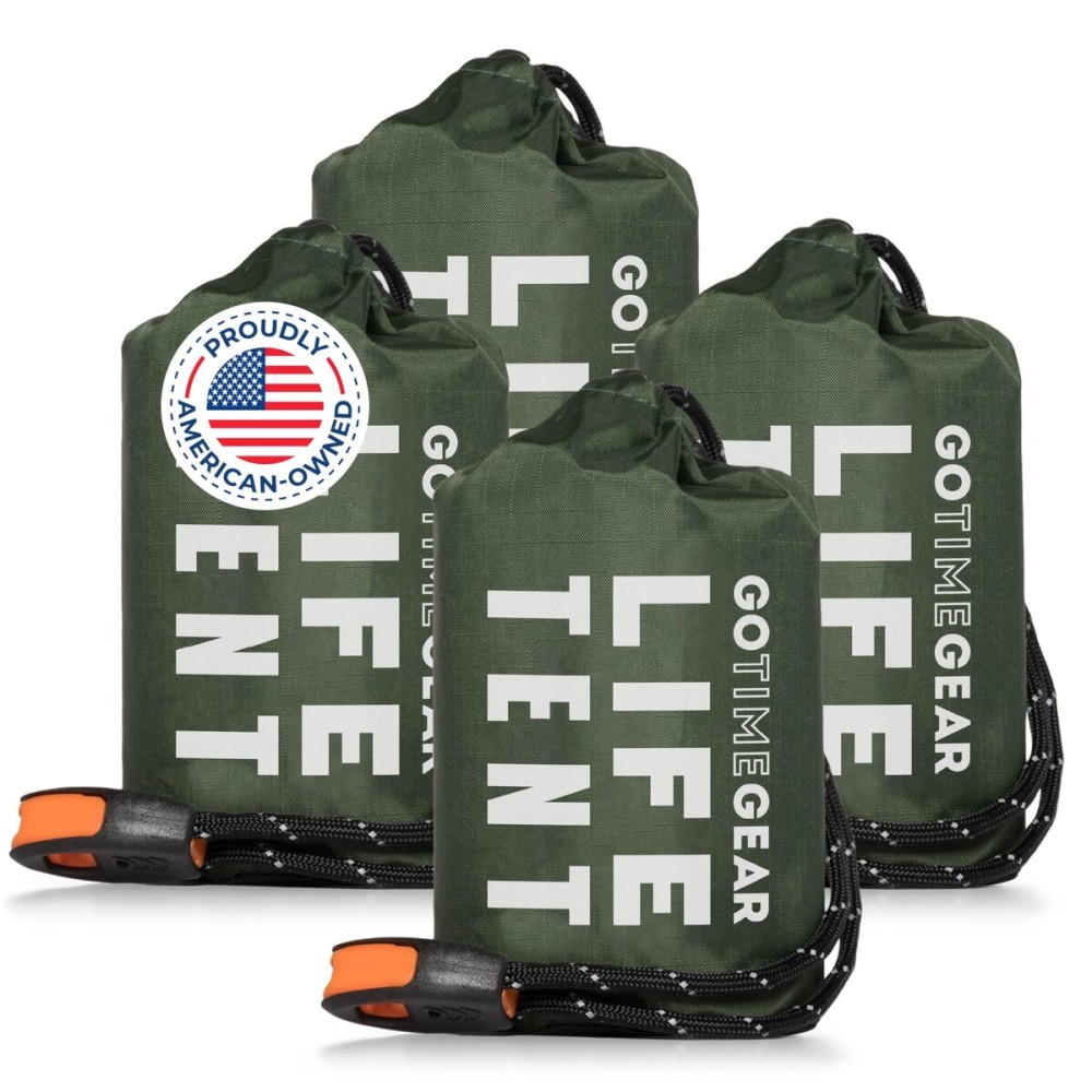 Go Time Gear Emergency Survival Tent Shelter - Reflective Mylar Winter Camping Shelter, Ultralight Bivy Tent for Hiking & Go Bag, Whistle & Survival Tools, 2-Person, Pack of 4, Green
