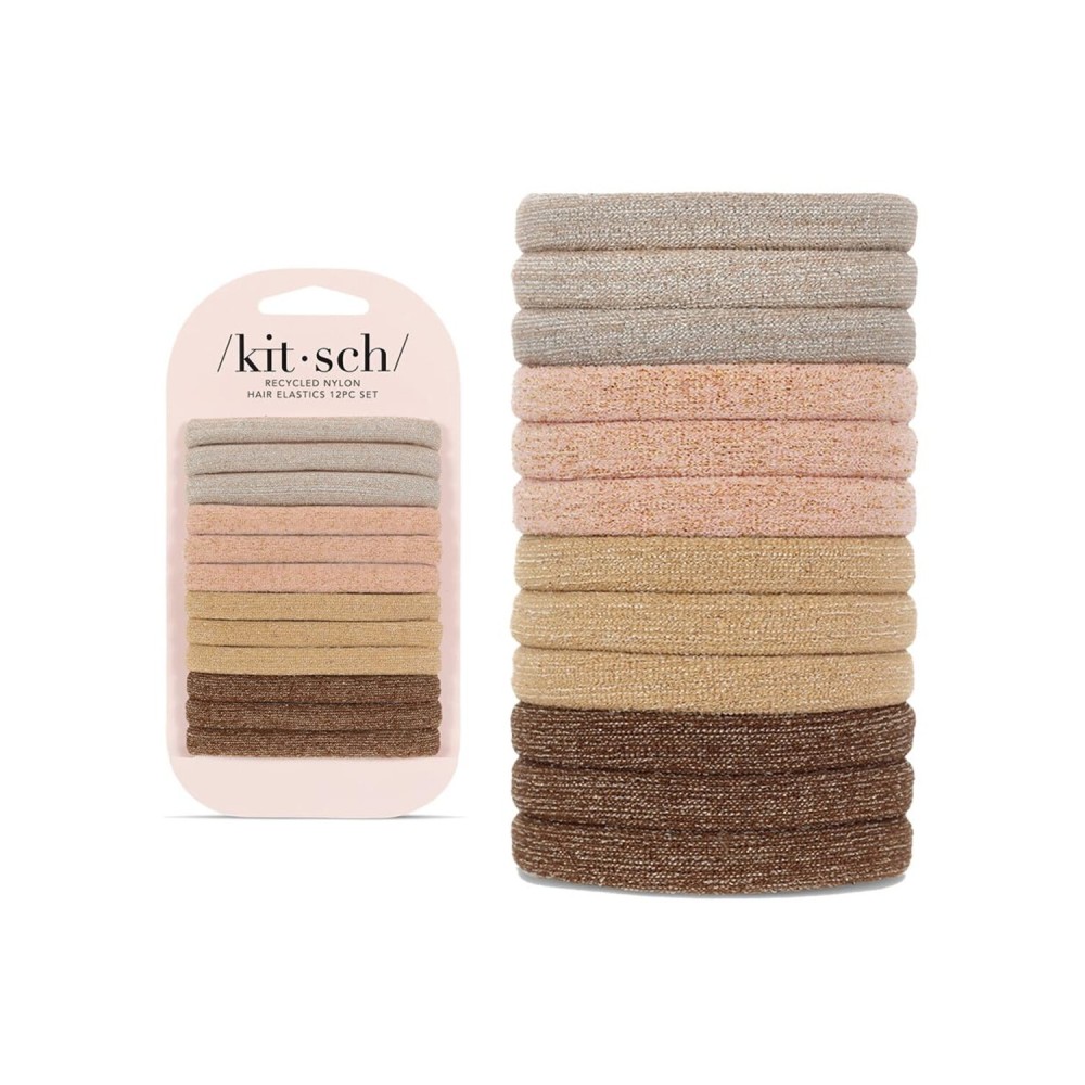 Kitsch Hair Ties No Damage - Strong, Stretchy Hair Bands | Soft Nylon with Glitter Ponytail Holders, Snag-Free Rubber Bands, Perfect for Updos & Braids | Ideal Gifts for Women - Neutral, 12pcs