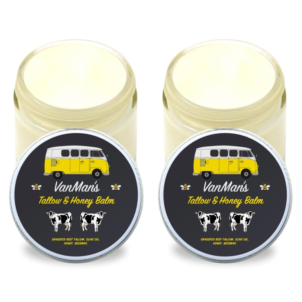 Vanman\'s Tallow and Honey Balm With No Added Scent (2 Pack) - Beef Tallow Face Moisturizer with Grass-Fed/Finished Beef Tallow for Skin, Organic Raw Honey and Beeswax, Cold Pressed Olive Oil - 2 oz