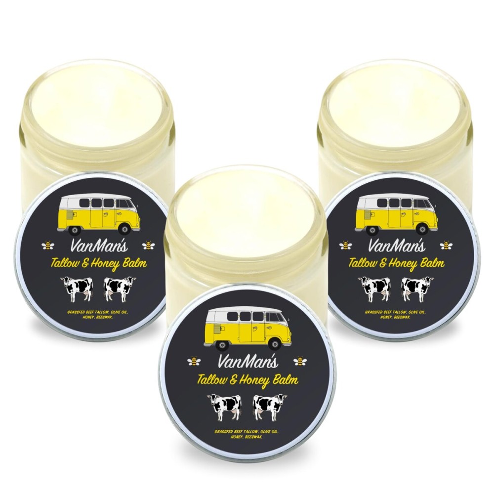 Vanman\'s Tallow and Honey Balm With No Added Scent (3 Pack) - Beef Tallow Face Moisturizer with Grass-Fed/Finished Beef Tallow for Skin, Organic Raw Honey and Beeswax, Cold Pressed Olive Oil - 2 oz