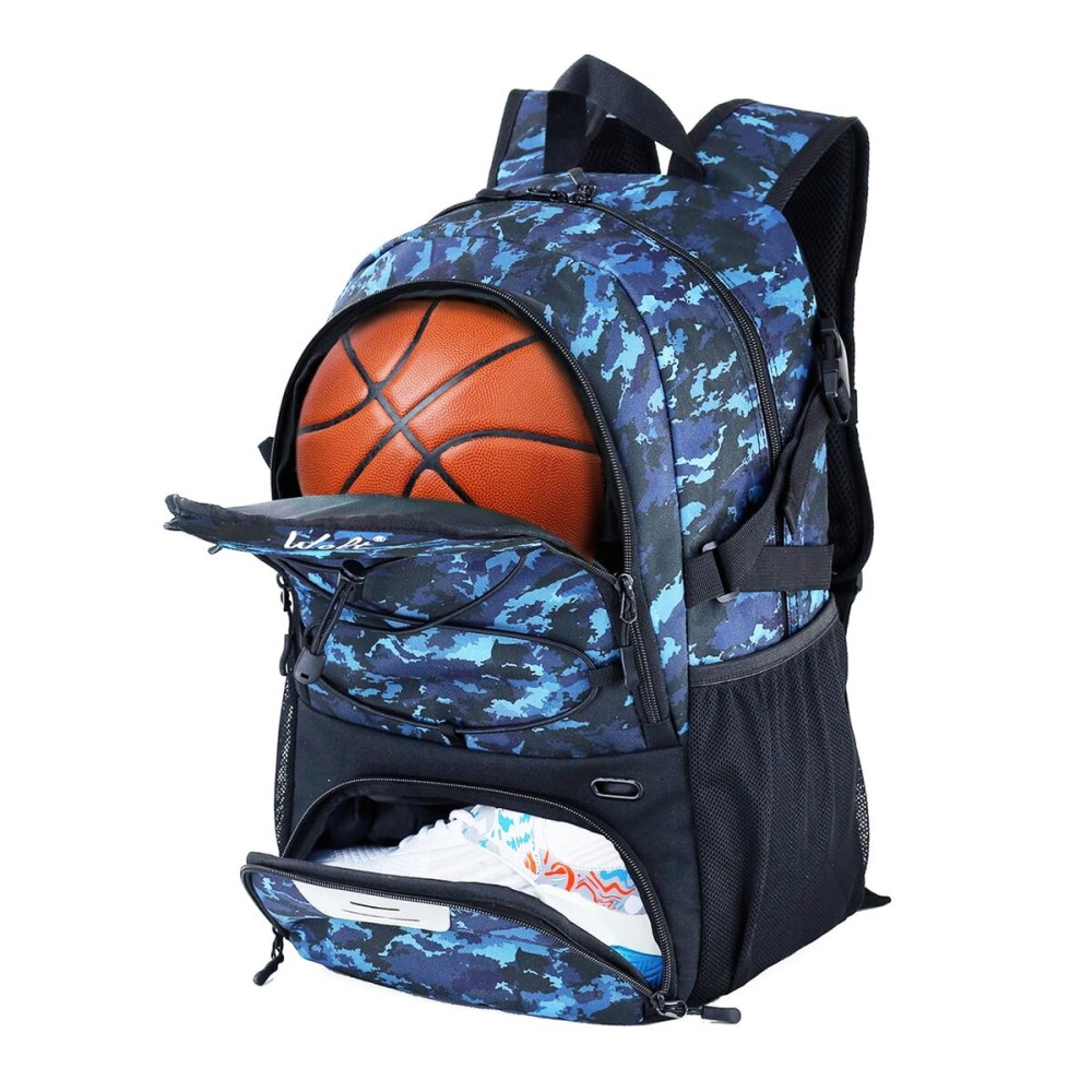 WOLT | Basketball Equipment Backpack, Large Sports Bag with Separate Ball Holder & Shoes Compartment, Best for Basketball, Soccer, Volleyball,Gym,Travel(Camouflage Blue)