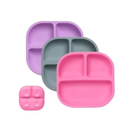 BABELIO Powerful Suction Plates for Baby and Toddler, 100% Food Grand Silicone, Divided, BPA Free, Microwave & Dishwasher Safe, Stay Put, 3 Pack