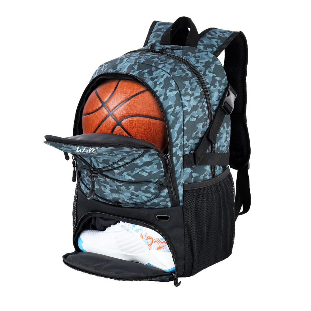 WOLT | Basketball Equipment Backpack, Large Sports Bag with Separate Ball Holder & Shoes Compartment, Gifts for Basketball, Soccer, Volleyball,Gym (Camouflage Grey)