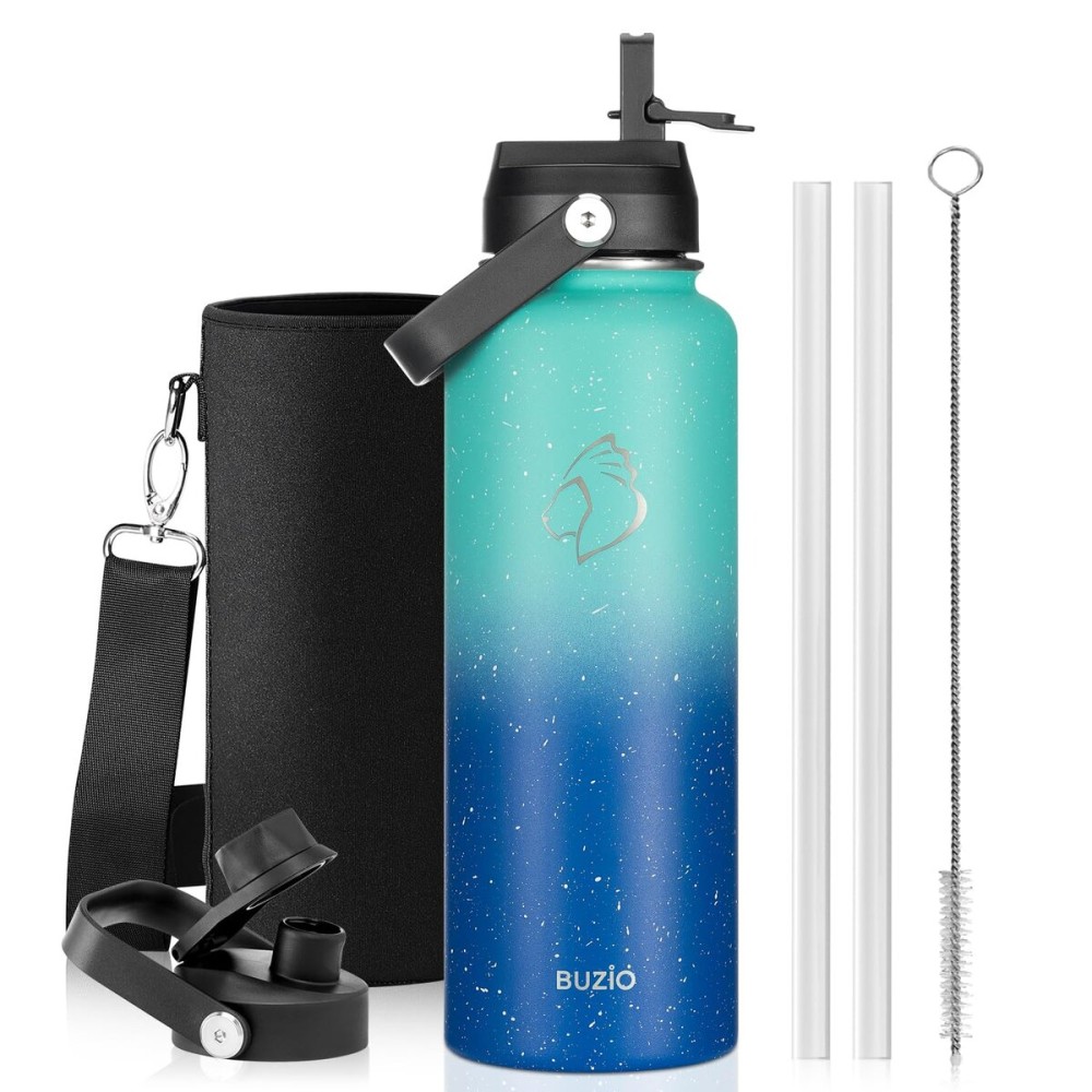 BUZIO Insulated Water Bottle with Straw, 40 oz Stainless Steel Sports Wide Mouth Water Bottle, BPA-Free Flex Cap and Straw Lid, Wide Mouth BPA-Free Sweat-Proof Sports Water Flask, Keep Hot Cold