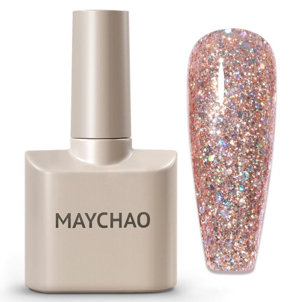 MAYCHAO 15ML Rose Gold Glitter Gel Nail Polish 1Pc Sparkly Rose Gold Gel Polish Soak Off UV LED Nail Polish Nail Art Starter Manicure Salon DIY at Home, 0.5 OZ