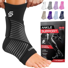 Sleeve Stars Ankle Brace for Women & Men, Ankle Wrap for Sprained Ankle, Compression Sleeve for Plantar Fasciitis Relief, Easy Customizable Support: w/Removable Strap (Pair/M:10-12/Black)