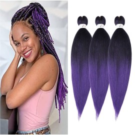 Purple Braiding Hair Pre Stretched 14 inch 3 Packs Kids Braiding Hair Soft Yaki Texture,No Itch, Hot Water Setting Synthetic Hair Extensions for Braids (14in,1B/Purple)