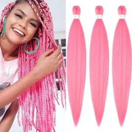 Braiding Hair Pre Stretched 24 inch 3 Packs Braiding Hair Professional Yaki Synthetic Hot Water Setting, Easy To Install Hair for Braiding (24in,Pink)