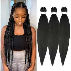 Braiding Hair Pre Stretched 24 inch 3 Packs Natural Black Easy Braid Synthetic Professional Soft Yaki Texture, No Itch, Hot Water Setting Hair Extensions for Braids (24in,1B)