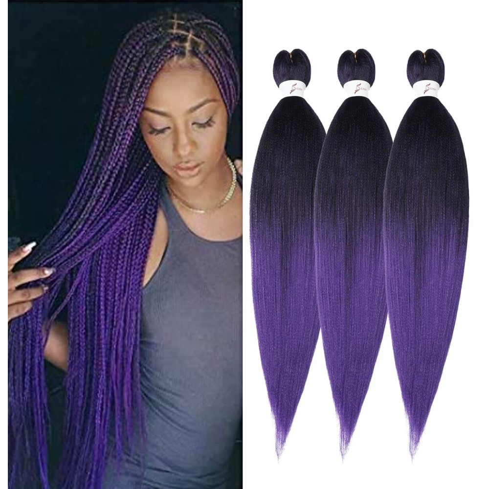 Purple Braiding Hair Pre Stretched 24 inch 3 Packs Braiding Hair Soft Yaki Texture, No Itch, Hot Water Setting Synthetic Hair Extensions for Braids (24in,1B/Purple)