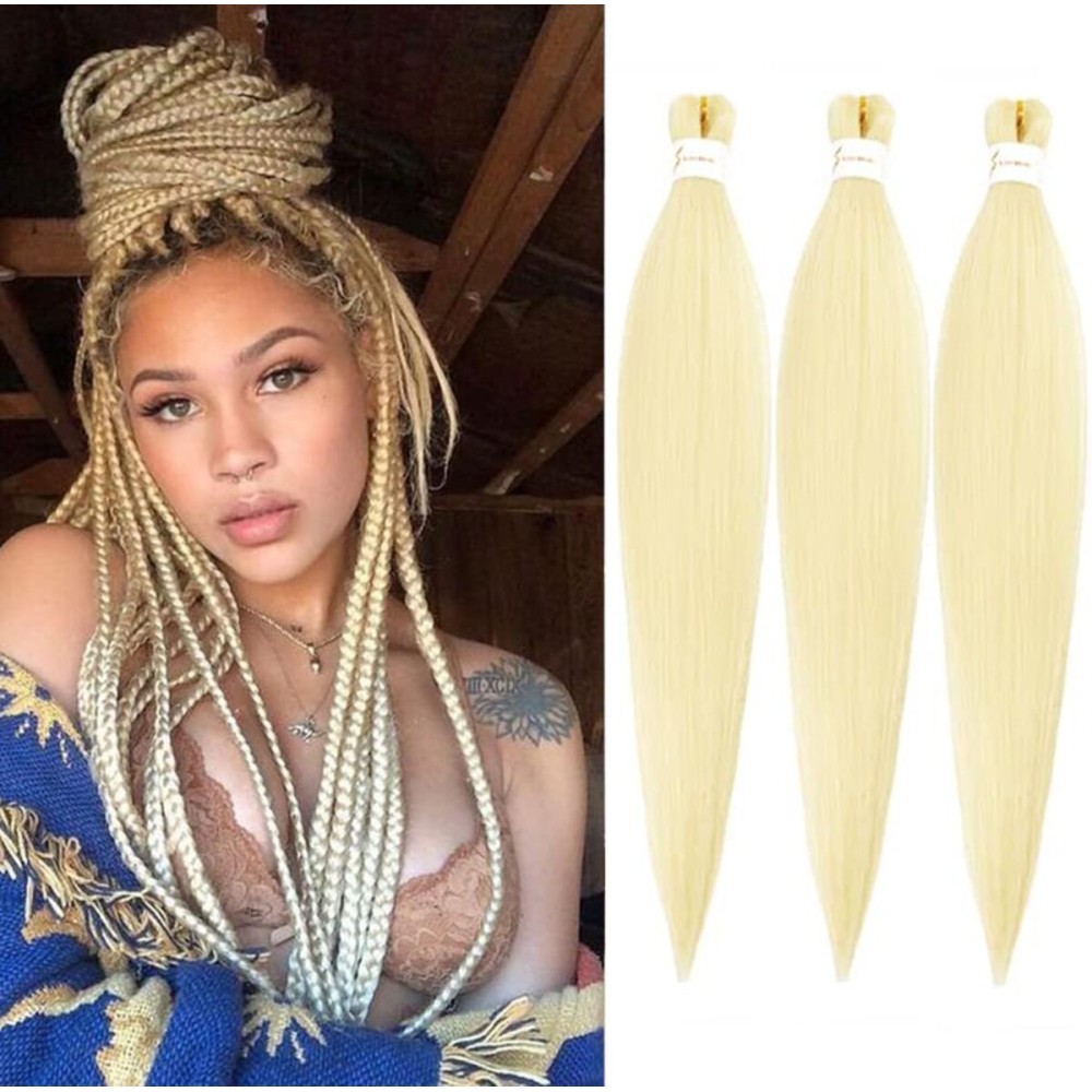 Blonde Braiding Hair Pre Stretched 3 Packs 24 Inch Pre-stretched Braiding Hair Soft Yaki Texture, Hot Water Setting Hair Extensions for Braids Bleached (24in,613)