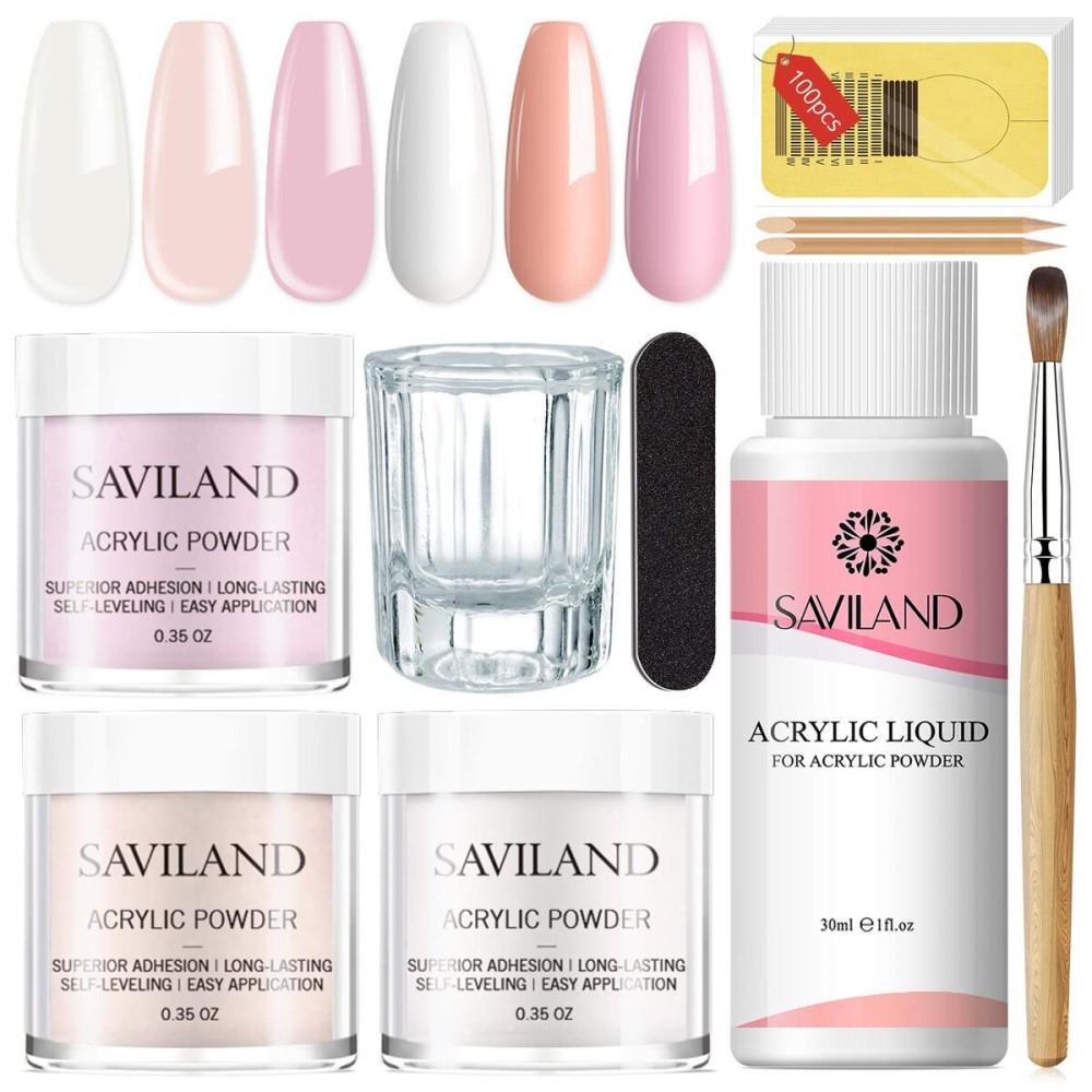 Saviland Acrylic Nail Starter Kit: Clear Pink Nude Acrylic Powder & Liquid, Brush, Files, Forms, Press On Nails, Home Practice Set