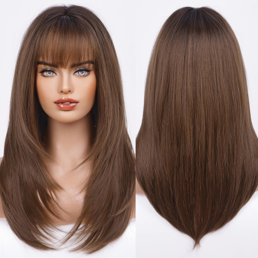 HAIRCUBE Dark Brown Synthetic Women\'s Wig Layered Wigs with Bangs Middle length Straight and Heat Resistant