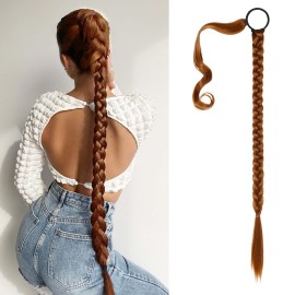SEIKEA Upgraded Long Braid Ponytail Extension with Elastic Tie Straight Sleek Wrap Around Braid Hair Extensions Ponytail Copper Red 34 Inch (After Braided 30 Inch)