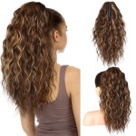 SEIKEA 18 Highlight Ponytail Extension, PT002 Tia Claw Long Multi Layered Fluffy Thick Wavy Curly Jaw Clip in Fake Pony Tails Fake Hair Soft Synthetic Hairpiece Chocolate Brown Blonde Highlights