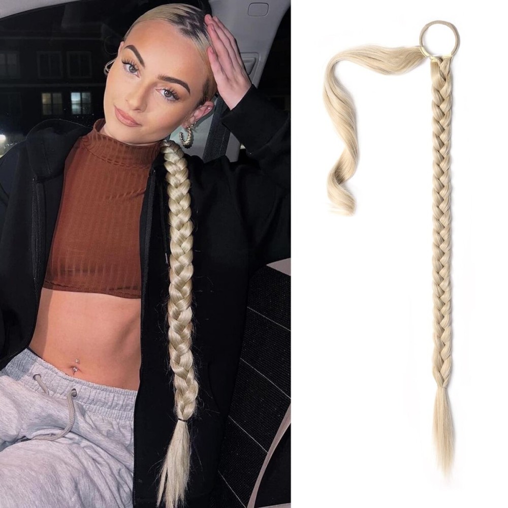 SEIKEA Upgraded Long Braid Ponytail Extension with Elastic Tie Straight Sleek Wrap Around Braid Hair Extensions Ponytail Cool Platinum Blonde 34 Inch (After Braided 30 Inch)
