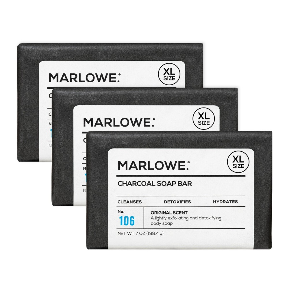 MARLOWE. No. 106 Charcoal Soap 7 oz (3 Bars) Body Bar Soap for Men, Cleansing, Purifying & Hydrating with Natural Extracts, Shea Butter, Olive Oil & Green Tea Extracts, Fresh Woodsy Scent